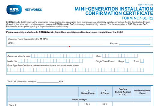 Solar PV Completion Form Submission (ESB NC7)