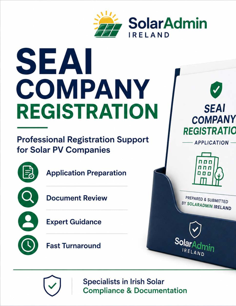 Professional SEAI Company Registration service for Solar PV companies in Ireland. SolarAdmin Ireland prepares and manages SEAI company registration applications.