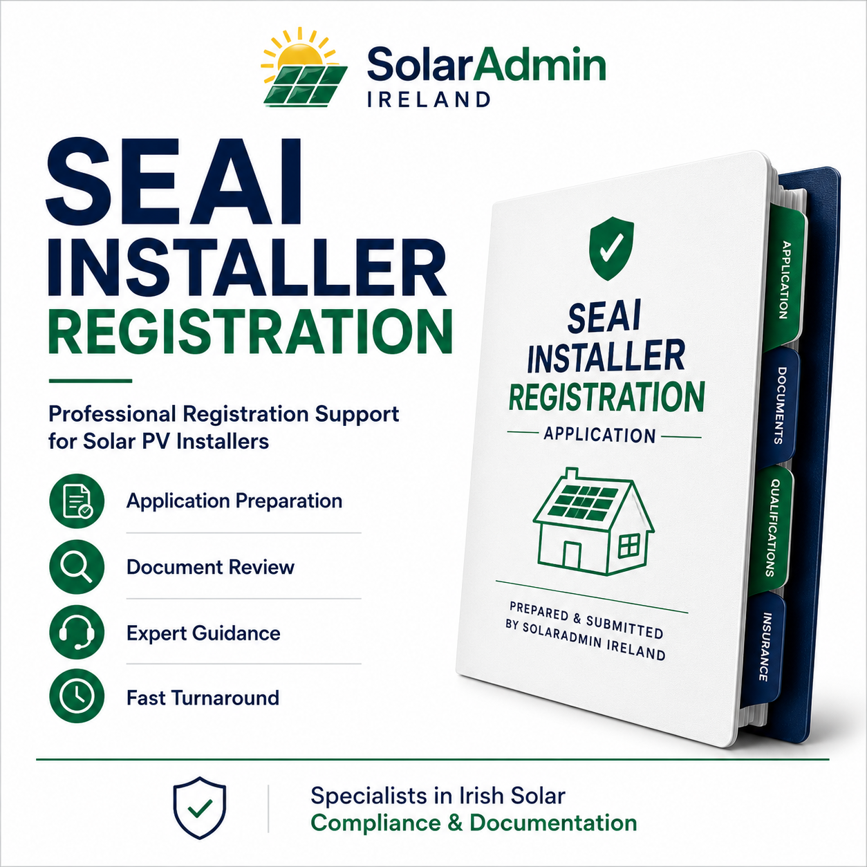 Professional SEAI Installer Registration service for Solar PV installers in Ireland. SolarAdmin Ireland prepares and manages SEAI registration applications.