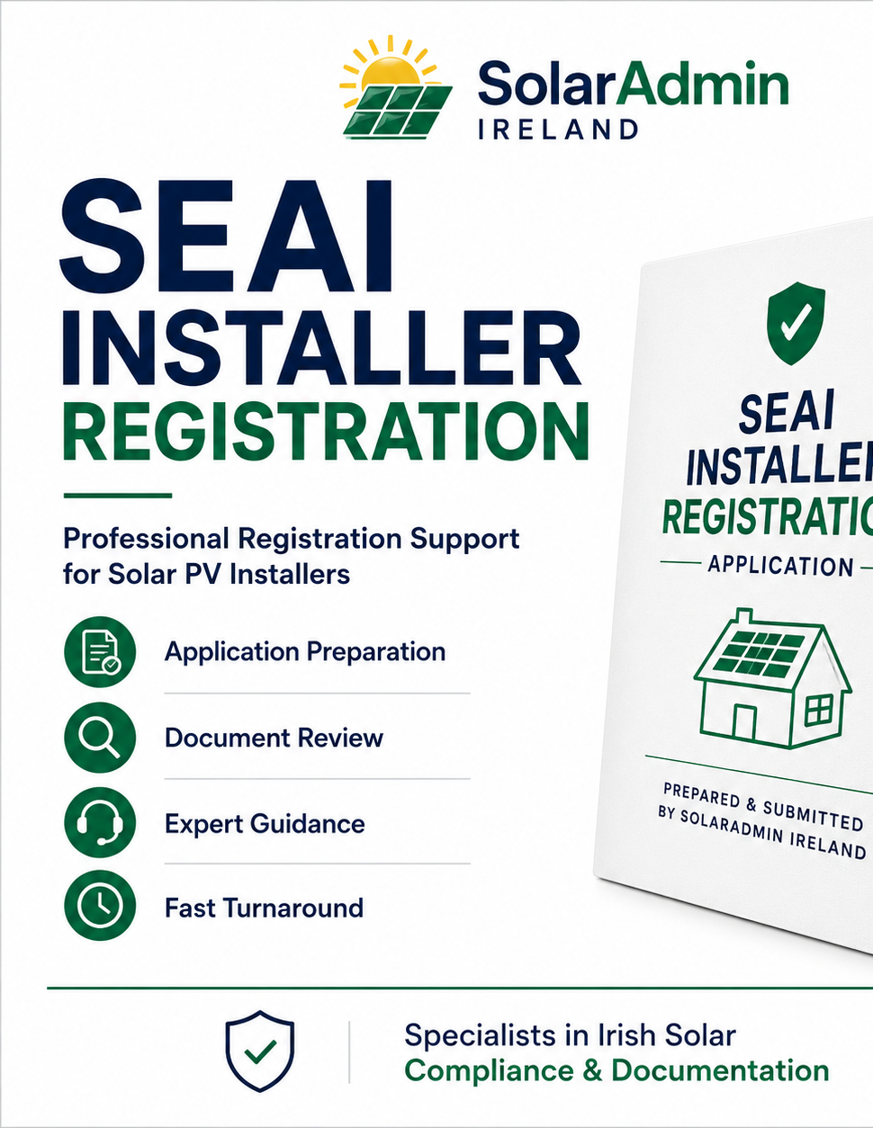 Professional SEAI Installer Registration service for Solar PV installers in Ireland. SolarAdmin Ireland prepares and manages SEAI registration applications.