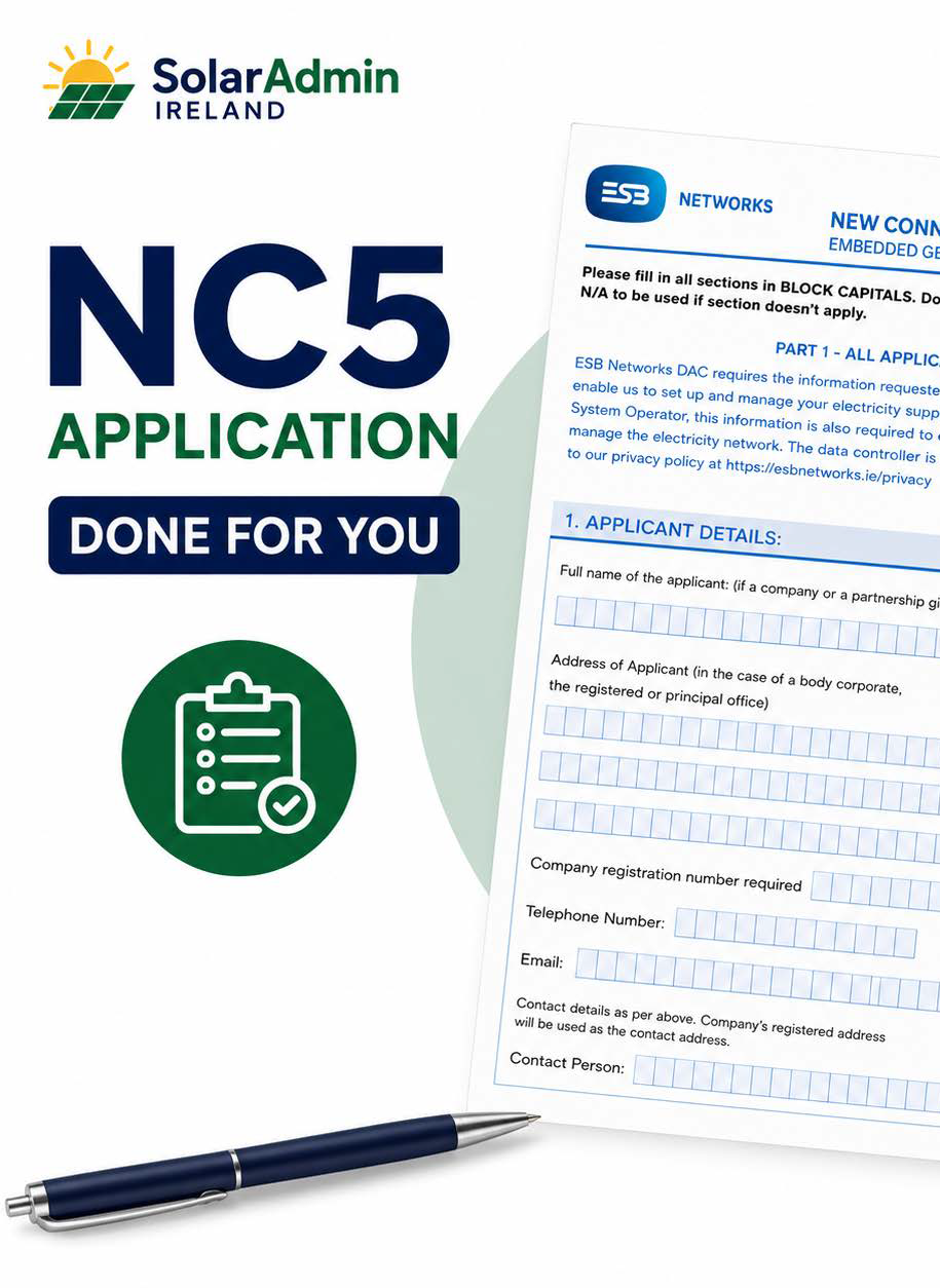 ESB NC5 Application service by SolarAdmin Ireland for large-scale three-phase Solar PV systems over 200kW, with professional application preparation and submission to ESB Networks.