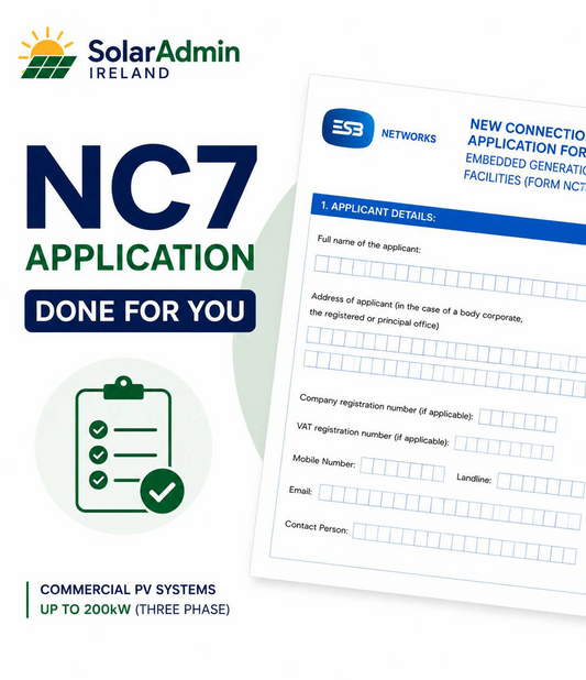 ESB NC7 Application service by SolarAdmin Ireland, providing professional NC7 application preparation and submission support for Solar PV installers in Ireland.