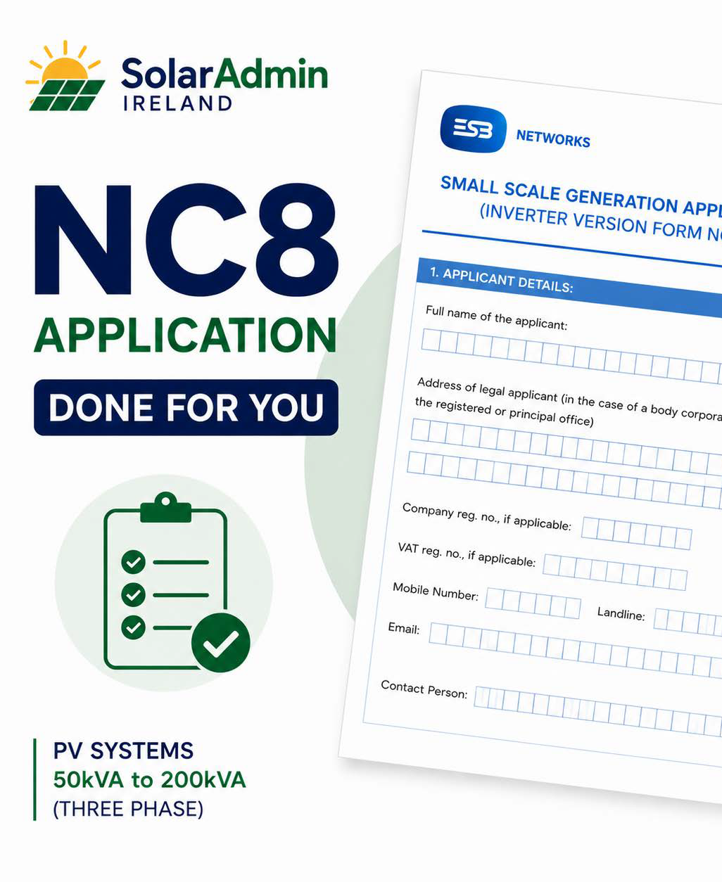 ESB NC8 Application service by SolarAdmin Ireland for three-phase Solar PV systems from 50kVA to 200kVA, including professional application preparation and submission to ESB Networks.