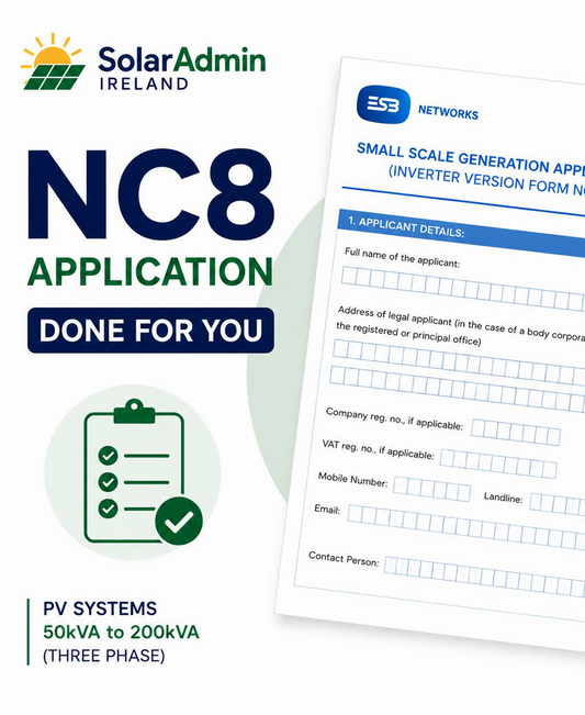 ESB NC8 Application service by SolarAdmin Ireland for three-phase Solar PV systems from 50kVA to 200kVA, including professional application preparation and submission to ESB Networks.