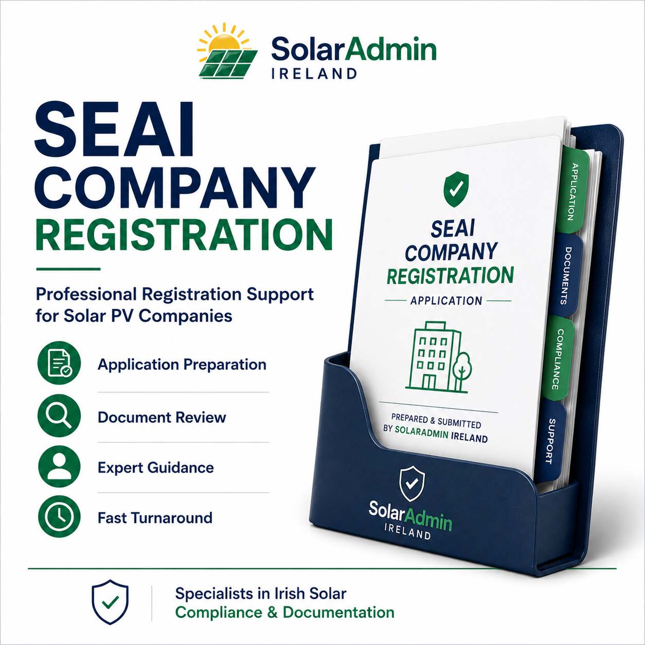 Professional SEAI Company Registration service for Solar PV companies in Ireland. SolarAdmin Ireland prepares and manages SEAI company registration applications.