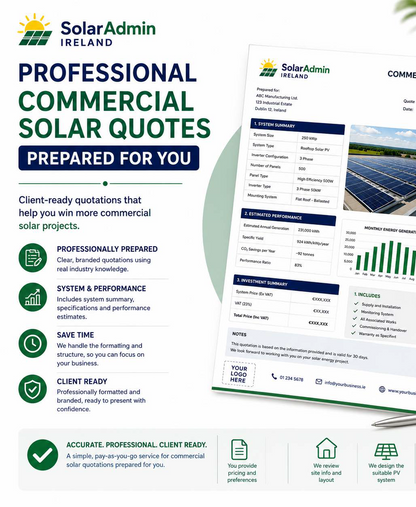 Professional Commercial Solar PV Quote service by SolarAdmin Ireland, providing branded, client-ready solar quotations with system details and performance estimates for installers in Ireland.