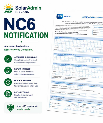 Professional ESB NC6 Notification service for Solar PV installers in Ireland. SolarAdmin Ireland prepares and submits Microgeneration Notification forms in line with ESB Networks requirements.