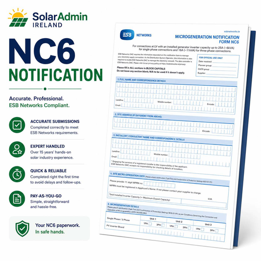 Professional ESB NC6 Notification service for Solar PV installers in Ireland. SolarAdmin Ireland prepares and submits Microgeneration Notification forms in line with ESB Networks requirements.