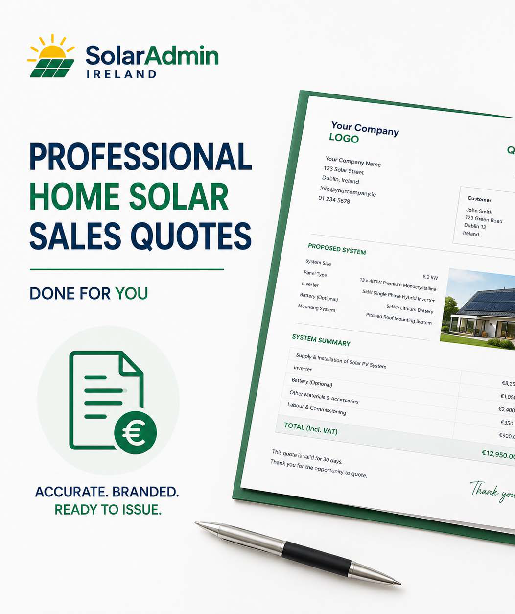 Professional Home Solar Sales Quotes by SolarAdmin Ireland, providing branded, client-ready solar PV quotations for domestic installers and electrical contractors in Ireland.