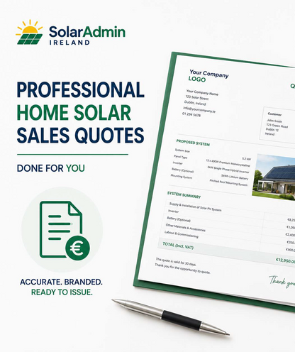 Professional Home Solar Sales Quotes by SolarAdmin Ireland, providing branded, client-ready solar PV quotations for domestic installers and electrical contractors in Ireland.
