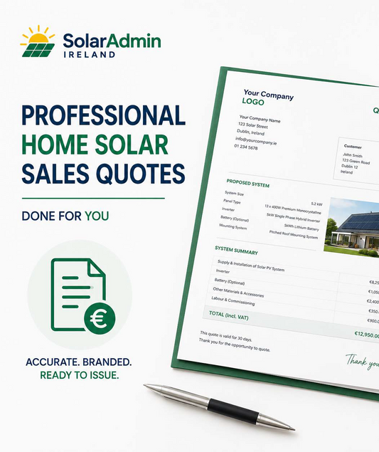 Professional Home Solar Sales Quotes by SolarAdmin Ireland, providing branded, client-ready solar PV quotations for domestic installers and electrical contractors in Ireland.