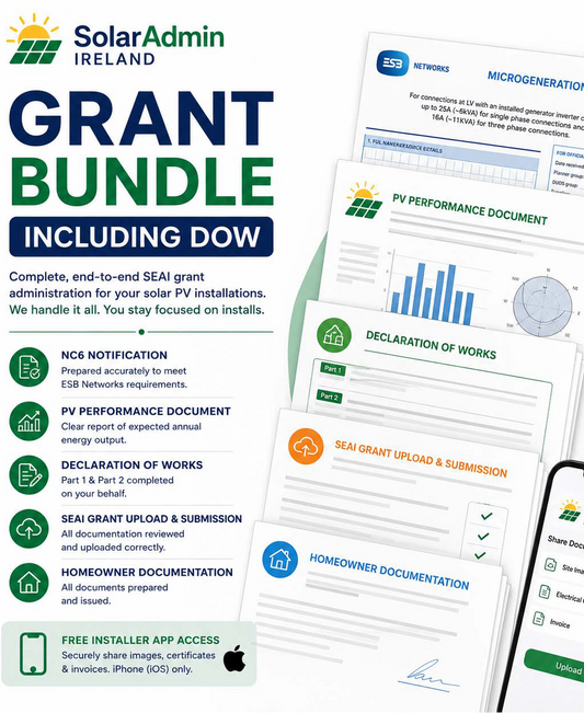 SEAI Grant Bundle (Including Declaration of Works) by SolarAdmin Ireland, providing complete Solar PV grant administration from NC6 notification to homeowner documentation in Ireland