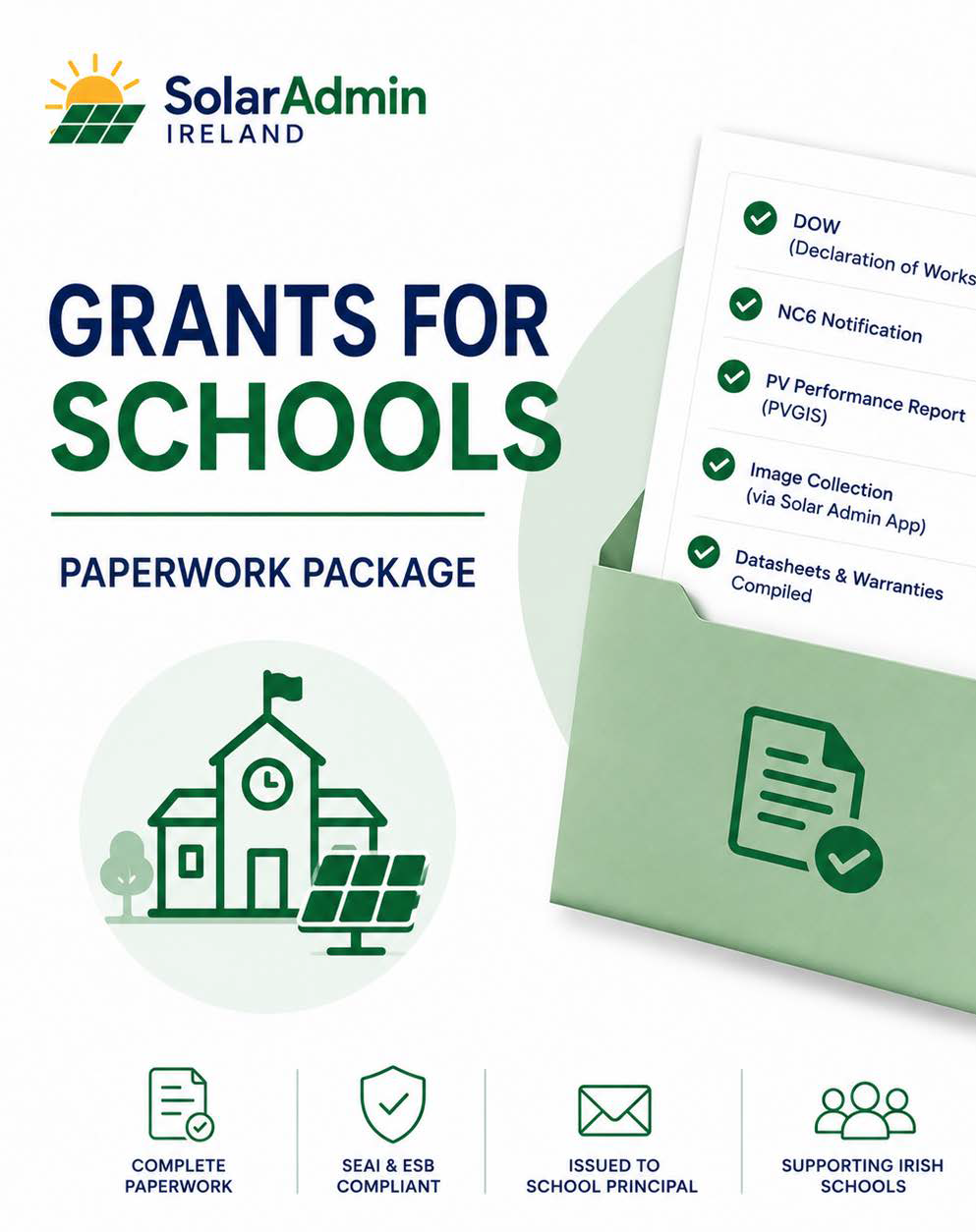 SEAI Grants for Schools Paperwork Package by SolarAdmin Ireland, providing complete solar PV grant administration and compliance documentation for school installations in Ireland.